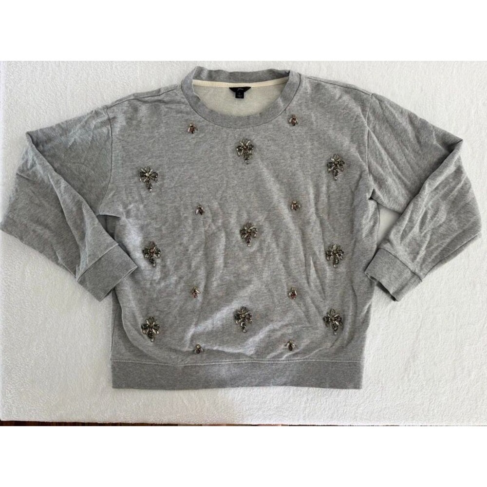 J.Crew Grey Heather Fleece Embellished Rhinestone Sweatshirt Top Size Large